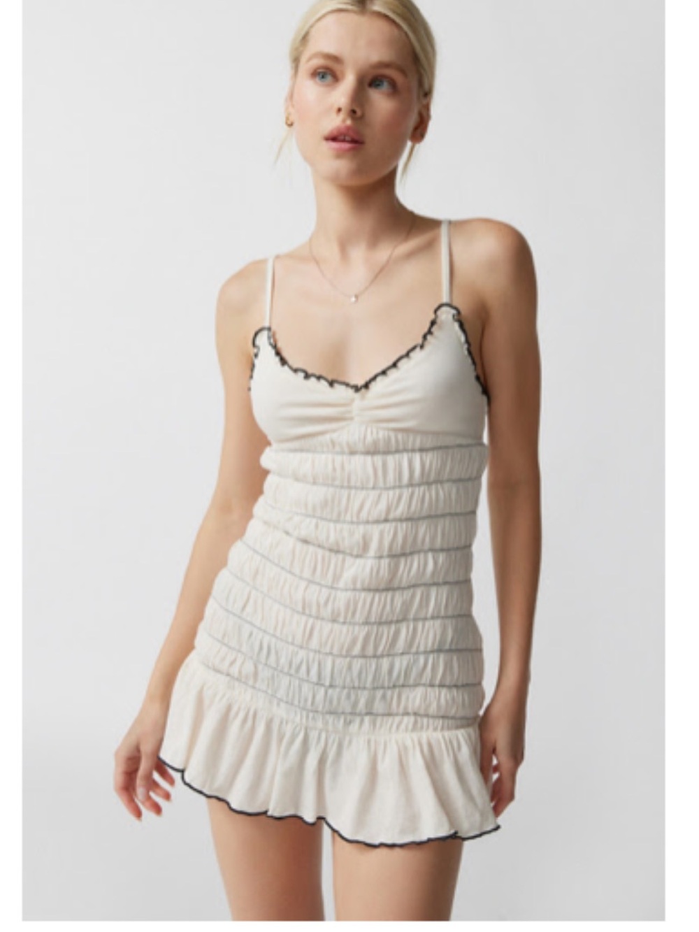 Women's Cream Ruffle Mini Dress with Black Trim